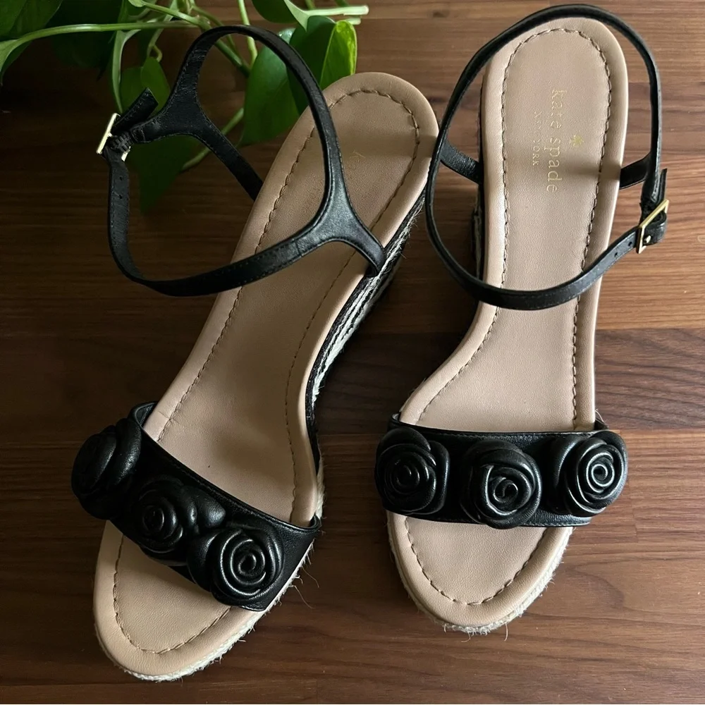 Kate Spade New York Jill Rosette Black Cream Espadrille Platform Wedge Sandals